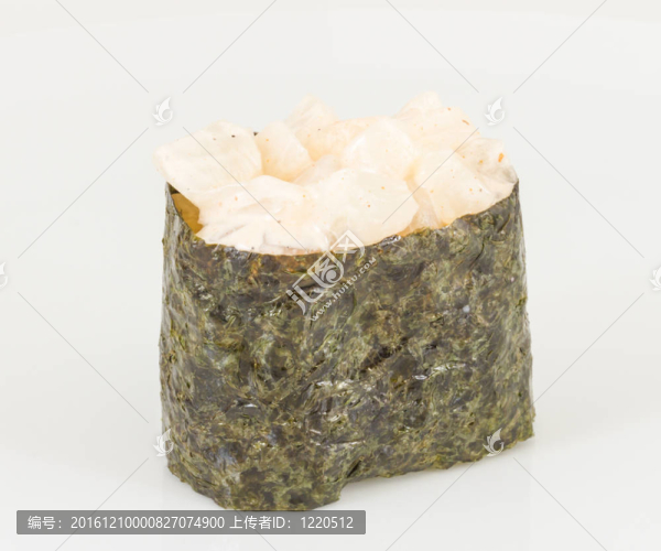 香料與壽司hotate醬扇貝孤立在白色背景片