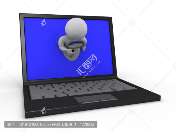 人用放大鏡通過筆記本電腦