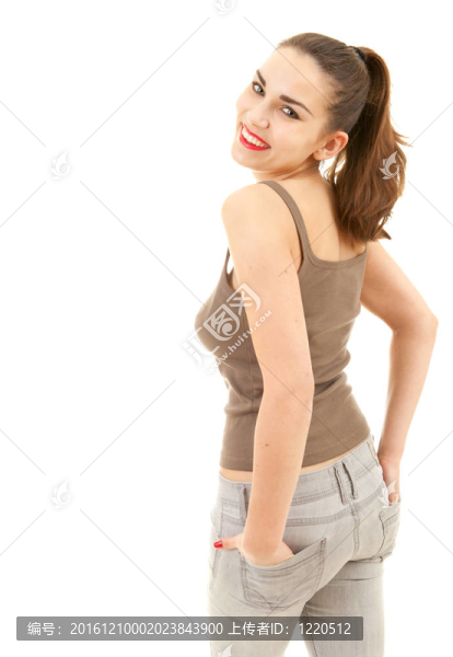 一個可愛的年輕女子的肖像在口袋里；白色背景