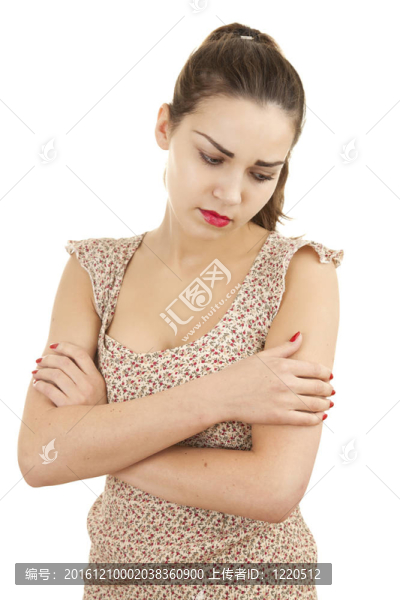體貼的年輕女子俯視；白色背景