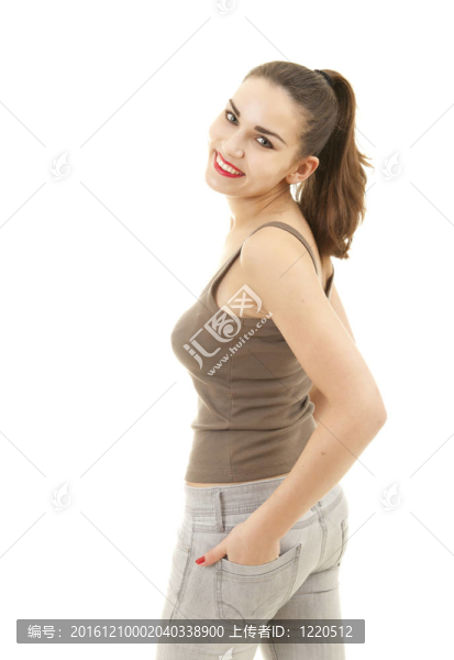 一個(gè)可愛的年輕女子的肖像在口袋里；白色背景