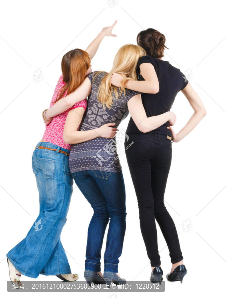 群體青年女性背影。女孩望向遠方。后視圖人。孤立的白色