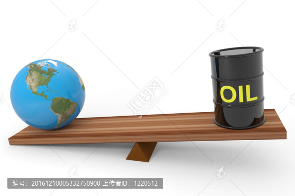秤上的石油桶和地球儀。計算機(jī)生成圖像。