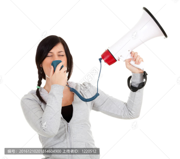 灰色運動衫的年輕女子用擴音器