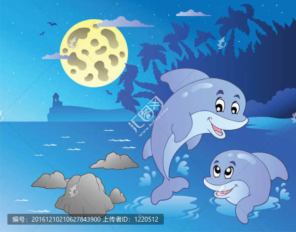 晚上的海景和快樂的海豚