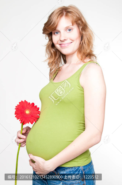 年輕孕婦抱著她的手在她的肚子與紅FL