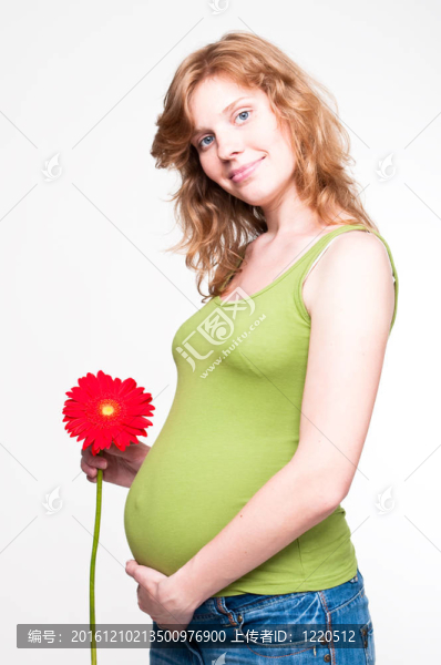 年輕孕婦抱著她的手在她的肚子與紅FL