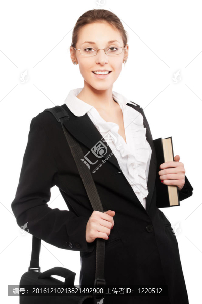 年輕漂亮的女商人與書的孤立在白色背景