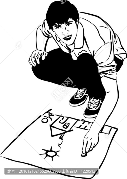 素描青年畫房子和陽光的瀝青