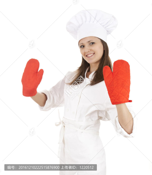 年輕女性廚師白色制服和帽子與紅色廚房手套