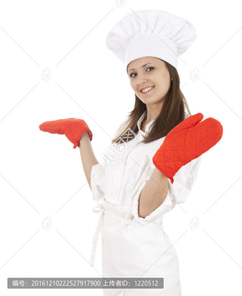 年輕女性廚師白色制服和帽子與紅色廚房手套