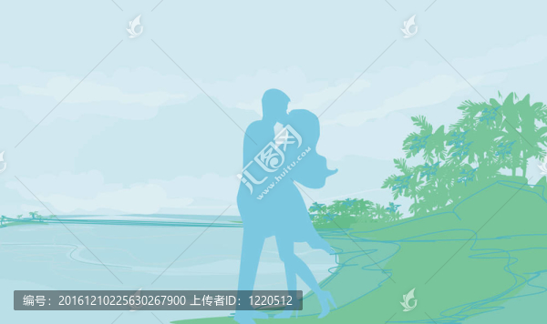熱帶海灘剪影情侶