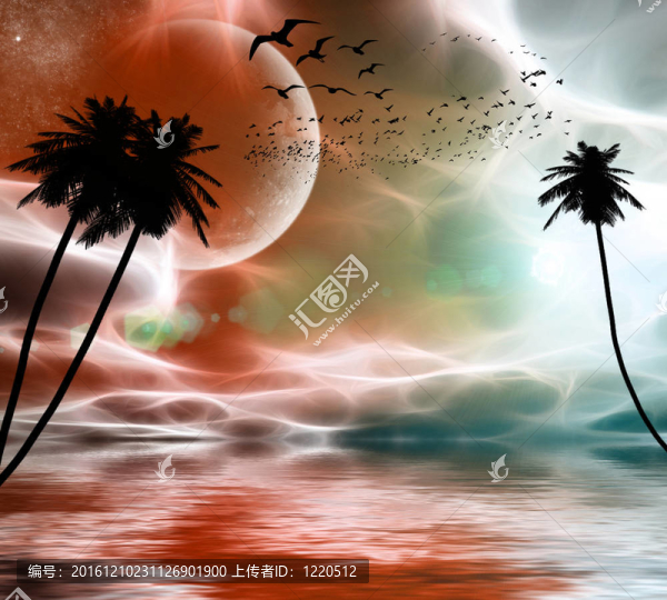 在行星的背景下飛行的鳥；星星；日落時的棕櫚樹
