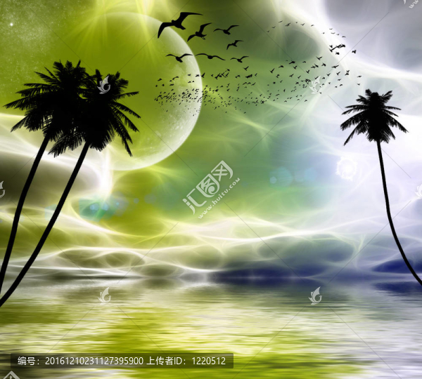 在行星的背景下飛行的鳥(niǎo)；星星；日落時(shí)的棕櫚樹(shù)