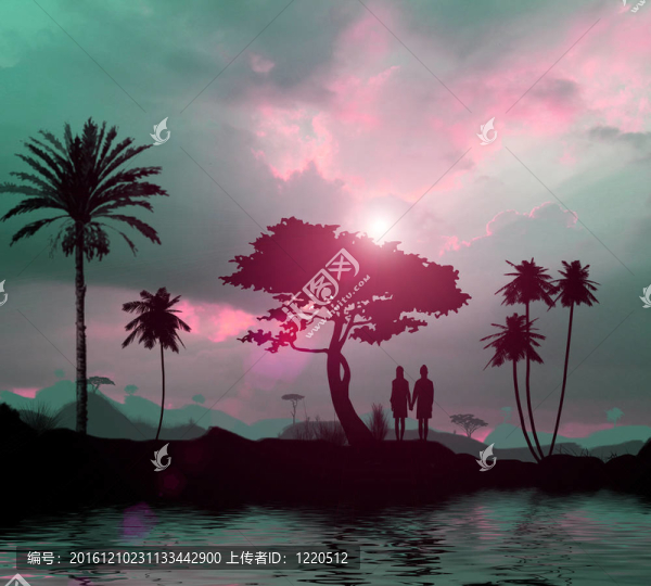 日落時(shí)分，年輕的戀人站在湖邊的一棵樹旁