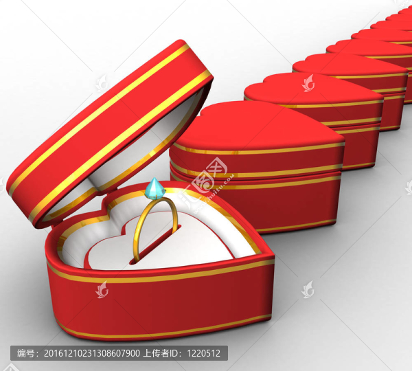 3D紅心形的盒子，用金戒指在白色背景分離
