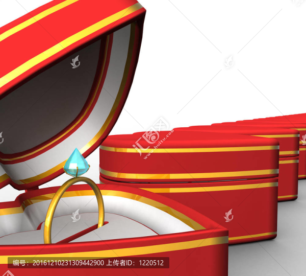 3D紅心形的盒子，用金戒指在白色背景分離