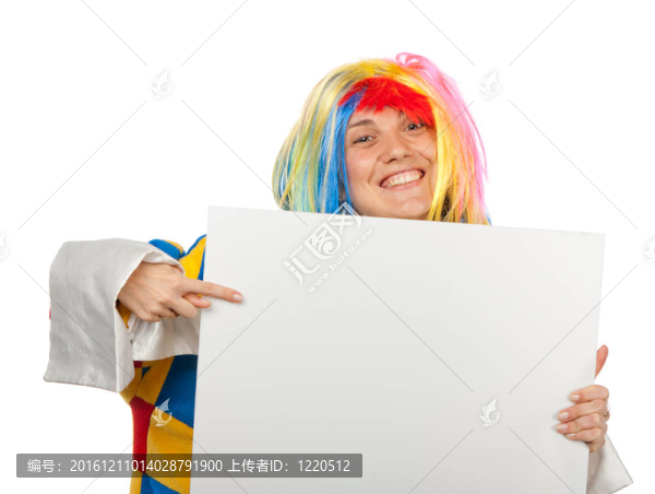 滑稽小丑指向空白板