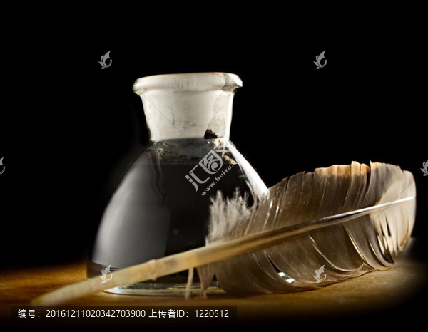 一瓶裝滿墨水的羽毛