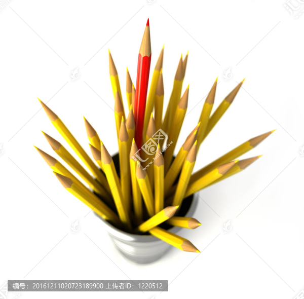 把許多黃色鉛筆放進一個垃圾箱，一支紅色的鉛筆從群眾中脫穎而出。