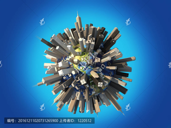 地球完全可與被巨大的摩天大樓和建筑。藍色背景。3d,renedring；裁剪路徑包括。