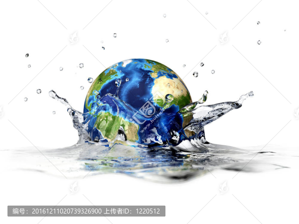 行星地球；落入清澈的水中；形成王冠飛濺。隨景深。白色背景下的3維數(shù)字渲染。
