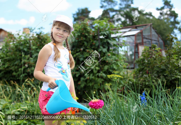 女孩給植物澆水