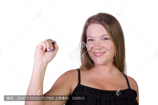 可愛的女人與一個(gè)標(biāo)記在白色背景的寫作