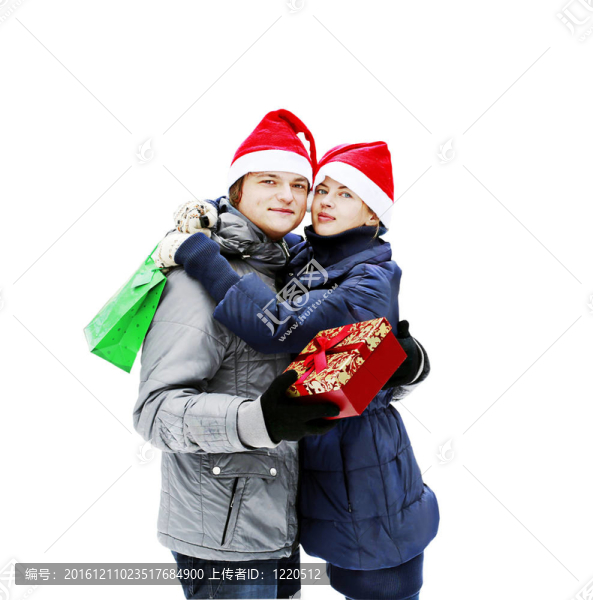 Santa帽子戶外送禮年輕夫婦孤立在白色吸引人