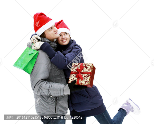 Santa帽子戶外送禮年輕夫婦孤立在白色吸引人
