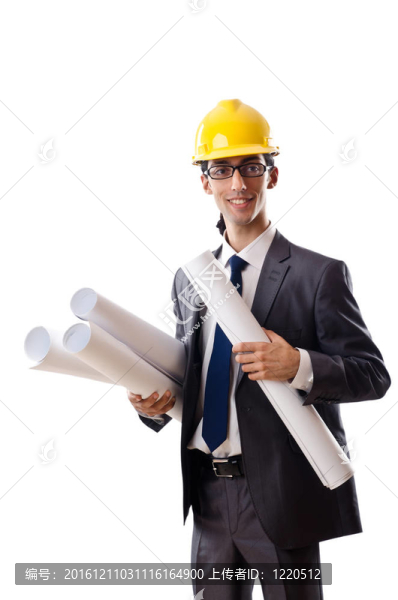 年輕建筑師與圖紙孤立的白色