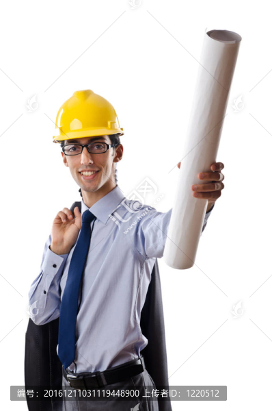 年輕建筑師與圖紙孤立的白色