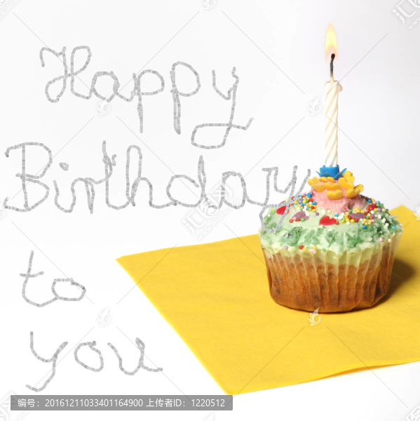 一支蠟燭的蛋糕；和文字生日快樂