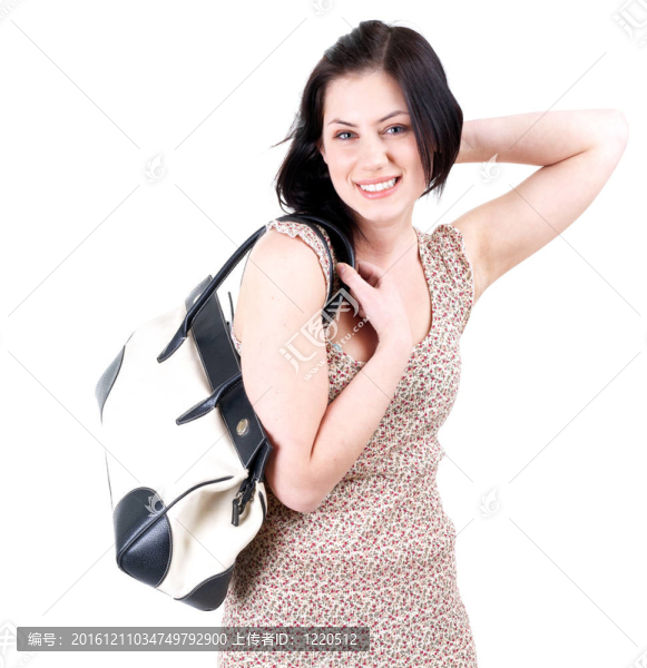 微笑的黑頭發(fā)年輕女子帶袋