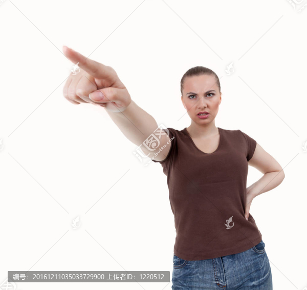 憤怒；年輕女子指著；孤立的白色