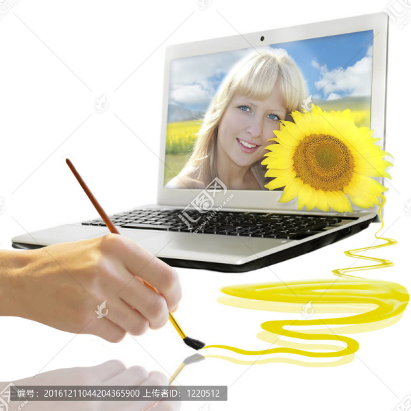 夏季背景與微笑女孩從筆記本電腦