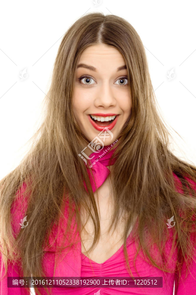 快樂女子微笑粉紅色連衣裙隔離