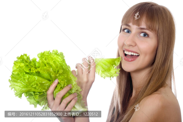 幸福的女人的肖像與生菜白色