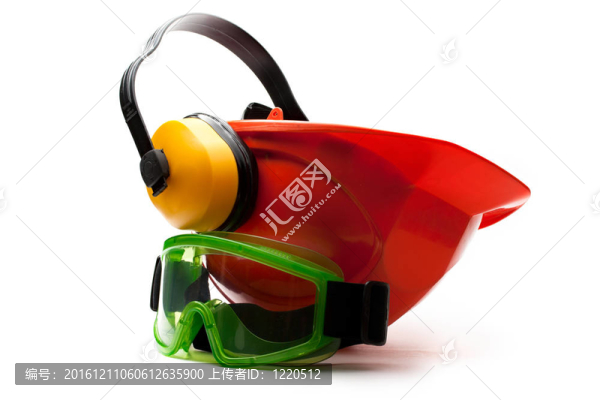 耳機(jī)紅色安全帽和護(hù)目鏡