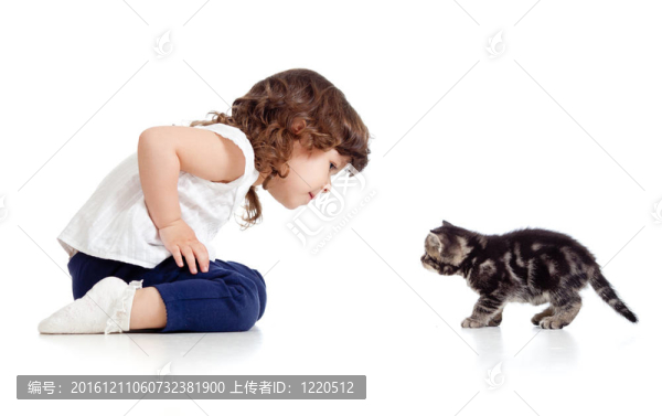 小孩和貓在白色背景上互相看