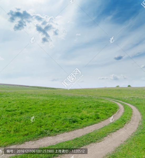 多云天空下有臟路的綠色田野