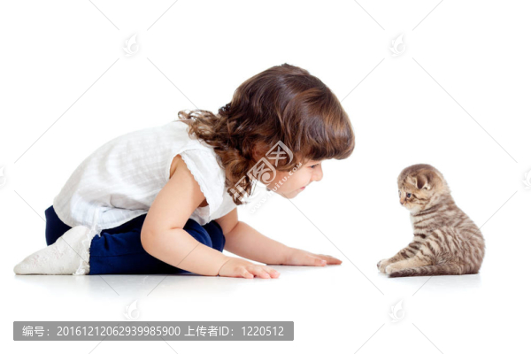 可愛的孩子看著小滑稽貓