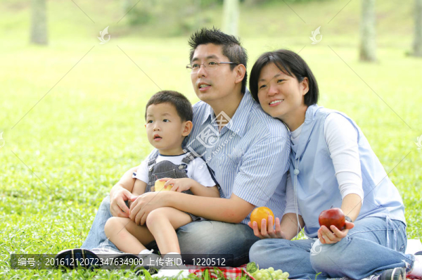 在戶外野餐的亞洲家庭；關(guān)注嬰兒