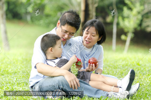 在戶外野餐的亞洲家庭；關(guān)注嬰兒