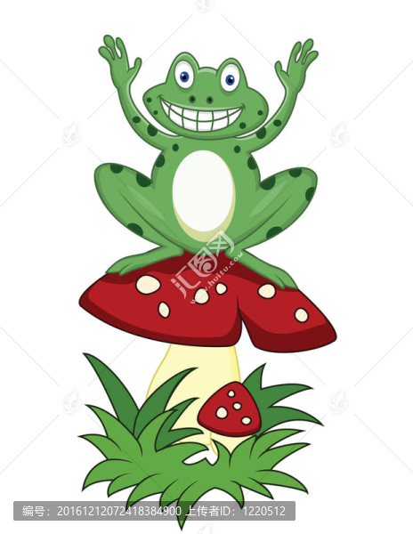 有趣的青蛙坐在蘑菇上