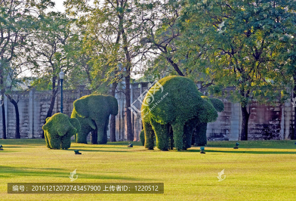 在皇宮里的公園里剪成動物形象的灌木叢