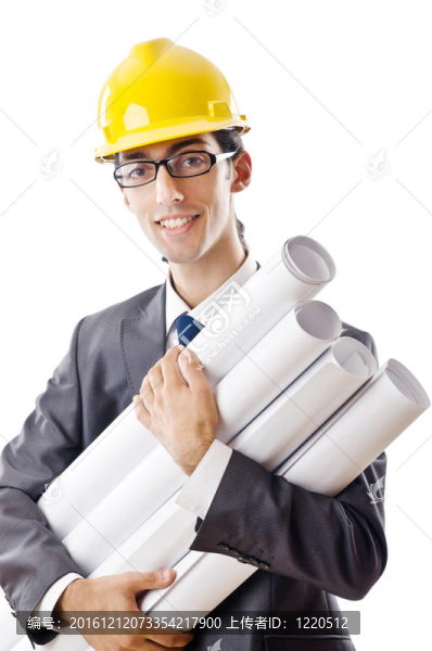年輕建筑師與圖紙孤立的白色