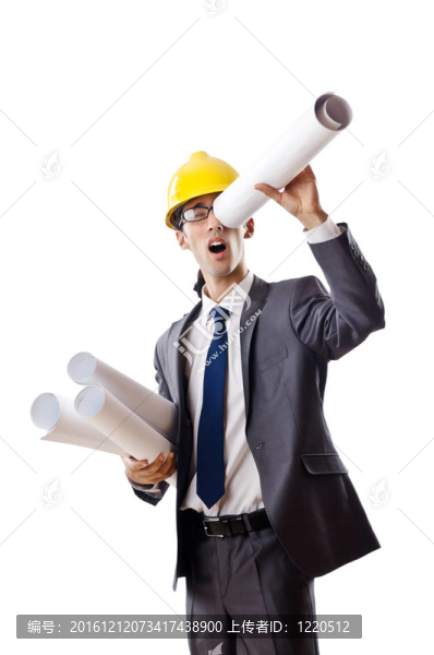 年輕建筑師與圖紙孤立的白色