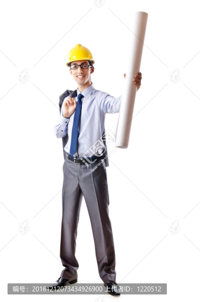 年輕建筑師與圖紙孤立的白色