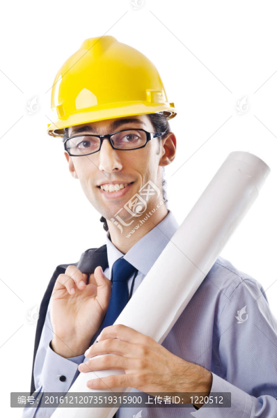年輕建筑師與圖紙孤立的白色
